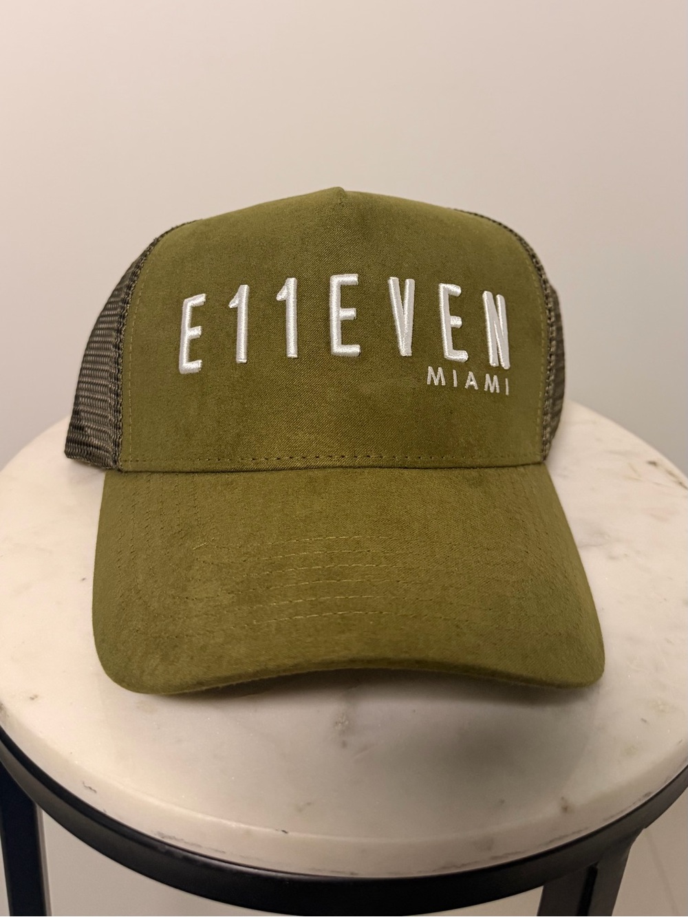 E11EVEN Miami Olive Green Suede Trucker Hat Limited Edition